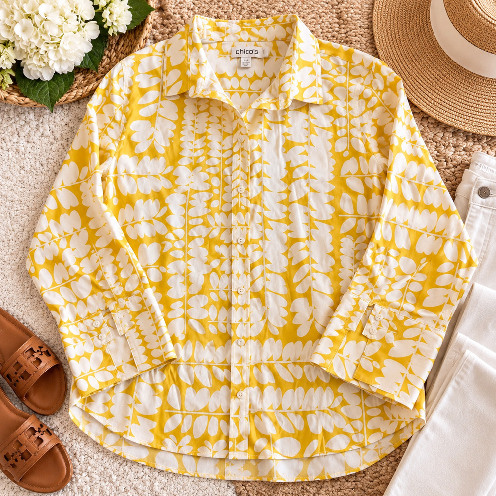 Chico's Womens 3.5 US 18 Yellow White Botanical Print Button Down Shirt